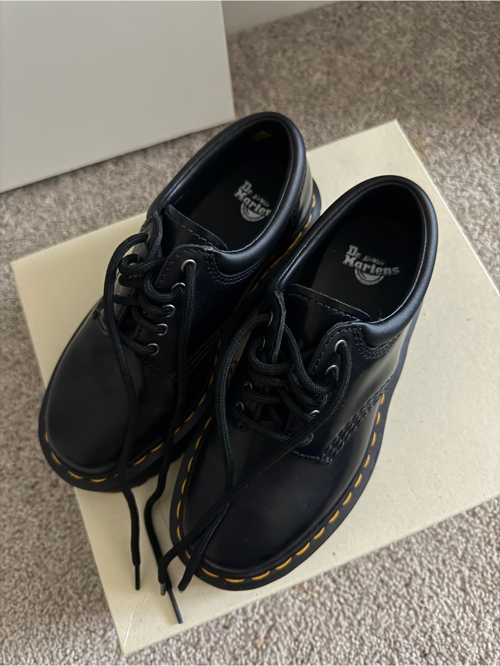 Dr. Martens Black Lace-Up Platform Boots with Yellow Stitching - Picture 3 of 4